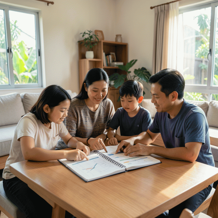 Keluarga Indonesia modern yang sedang berkumpul di meja ruang tamu yang hangat, berdiskusi santai dan fokus menggunakan Family Planner untuk merencanakan anggaran keuangan keluarga.
