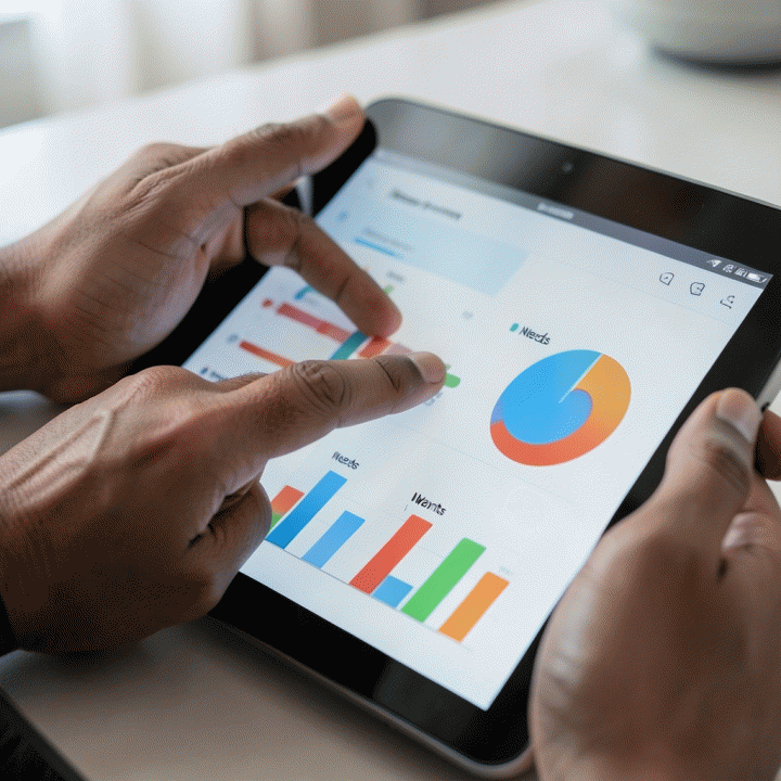 Tangan menelusuri dashboard keuangan digital abstrak pada tablet, menunjukkan proses peninjauan dan pengaturan anggaran keluarga secara visual.