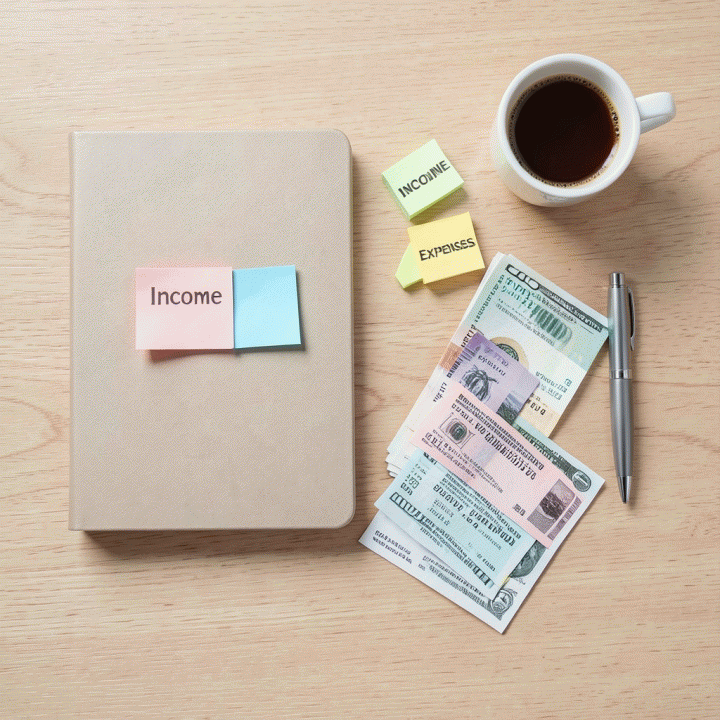 Tampilan datar (flat lay) dari Family Planner, buku catatan, dan elemen keuangan lainnya yang tertata rapi di atas meja kayu, melambangkan perencanaan keuangan yang terstruktur.