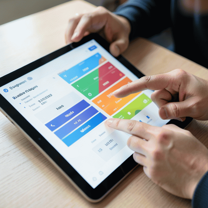Tangan yang bekerja sama di tablet yang menampilkan dasbor keuangan yang terorganisir, menunjukkan perencanaan anggaran keluarga yang rapi.