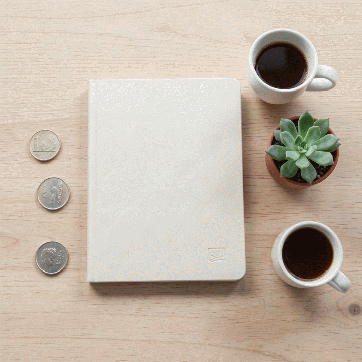 Tampilan datar (flat-lay) dari planner keuangan fisik, koin, dan tanaman kecil di atas meja kayu, melambangkan rutinitas perencanaan keuangan yang tenang.