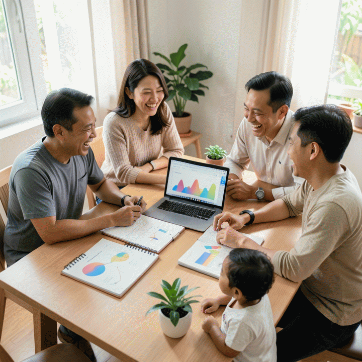 Keluarga Indonesia yang bahagia dan modern sedang duduk bersama di meja kayu yang rapi, dikelilingi oleh alat bantu perencanaan keuangan seperti buku catatan dan laptop dengan grafik abstrak, melambangkan perencanaan keuangan keluarga yang terorganisir dan sejahtera.