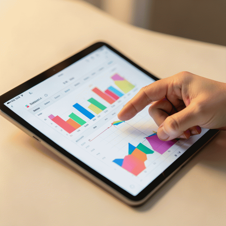 Tangan yang menggunakan tablet menampilkan tampilan antarmuka spreadsheet keuangan yang bersih dan terstruktur dengan grafik abstrak berwarna-warni, menunjukkan pengelolaan anggaran keluarga secara digital.