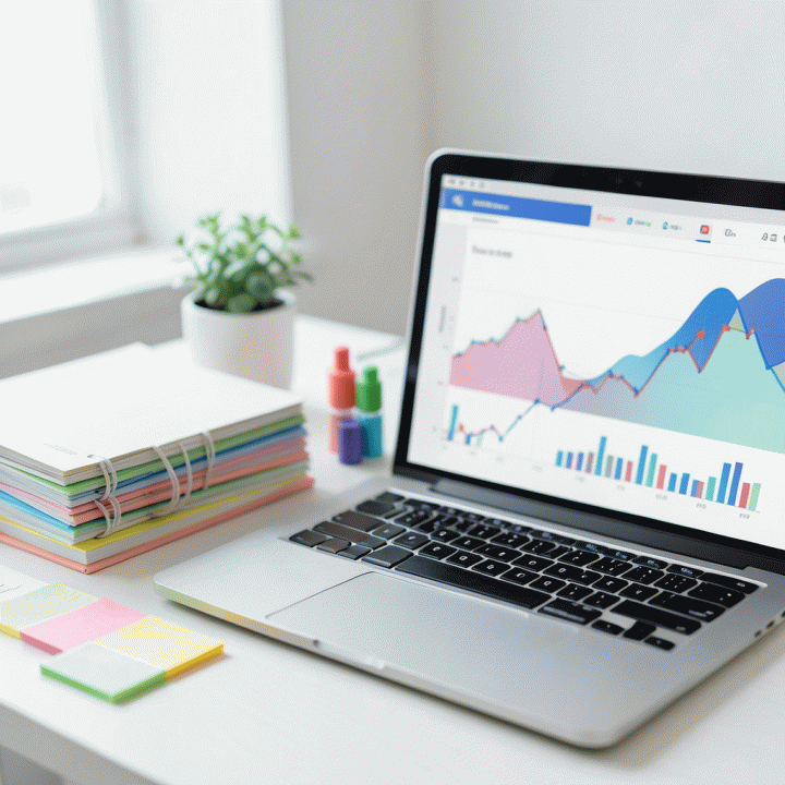 Permukaan meja kerja yang rapi dan terorganisir dengan buku catatan, sticky notes berwarna-warni, dan laptop yang menunjukkan tata letak dasbor keuangan abstrak, melambangkan sistem pengelolaan anggaran keluarga yang komprehensif.