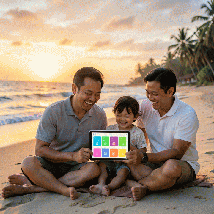Keluarga Indonesia yang bahagia menikmati liburan di pantai saat matahari terbenam, melihat layar tablet yang menunjukkan perencanaan keuangan yang berhasil dan tenang.
