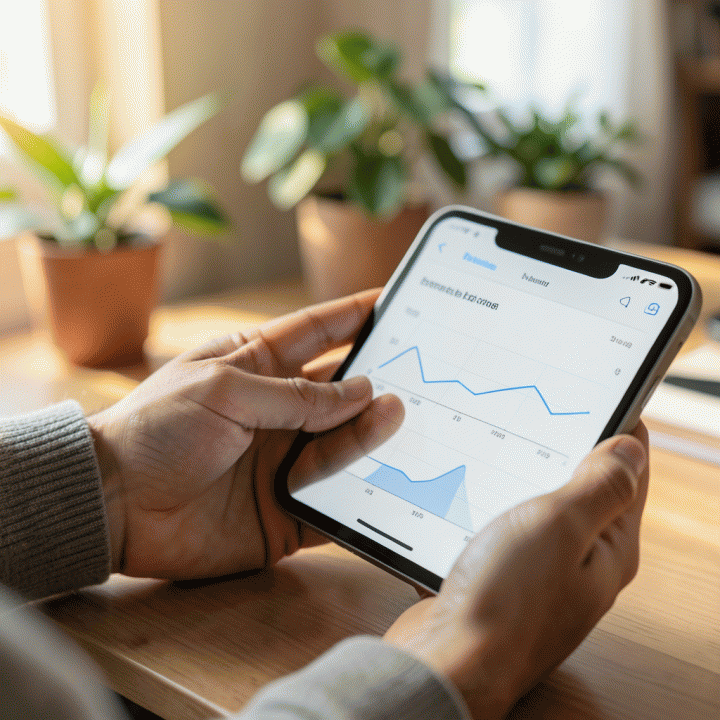 Tangan yang sedang mencatat atau memasukkan data anggaran liburan ke dalam aplikasi keuangan di tablet dengan antarmuka bersih dan modern.