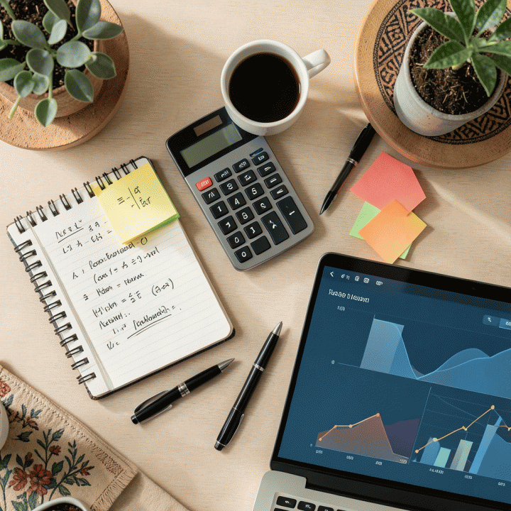Foto datar overhead (flat lay) berisi peralatan perencanaan keuangan: buku catatan, kalkulator, dan laptop dengan grafik anggaran.