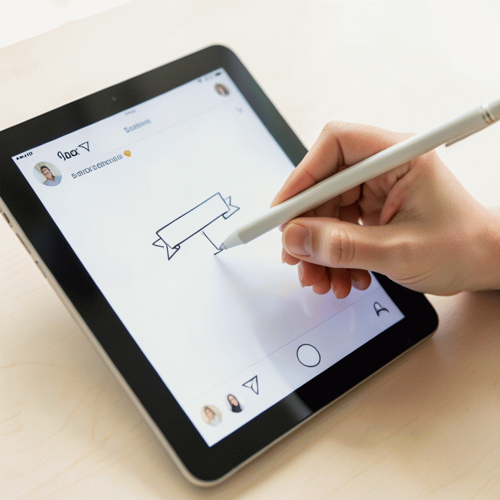 Tangan menggunakan stylus pada tablet untuk menambahkan aksen stiker digital pada desain Instagram Story atau feed.