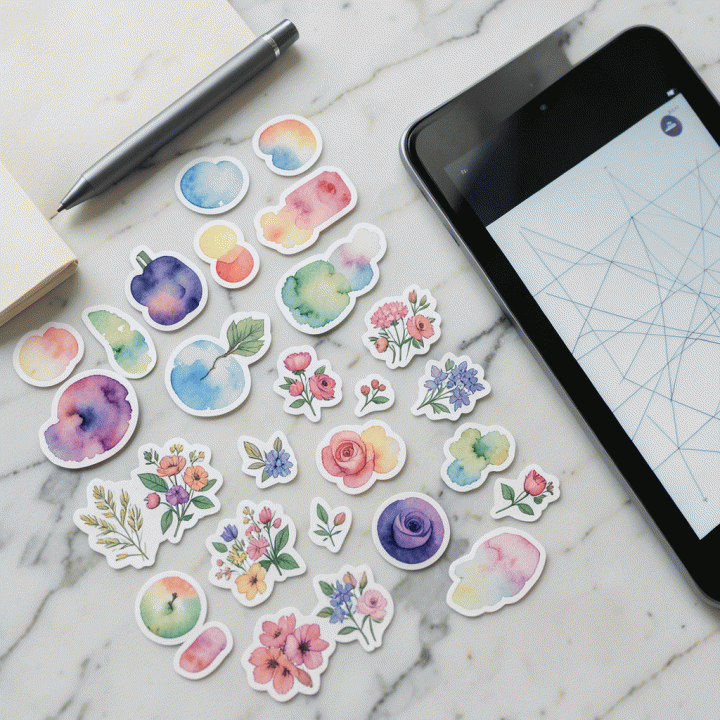 Berbagai aset stiker digital premium (digital stickers) ditata artistik di atas permukaan marmer, siap digunakan untuk desain konten.