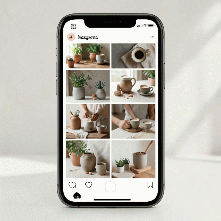 Mockup feed Instagram estetik yang tersusun rapi dengan palet warna bumi yang tenang dan komposisi visual yang sangat harmonis.