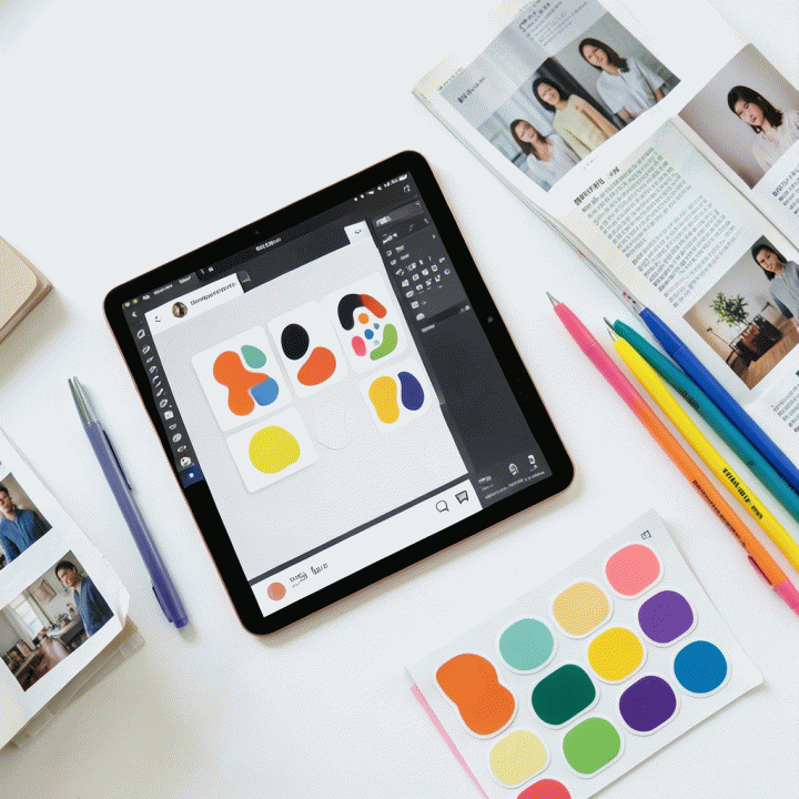 Flat lay yang memperlihatkan proses kreatif menggabungkan stiker fisik dan aset digital di atas meja kerja yang bersih.