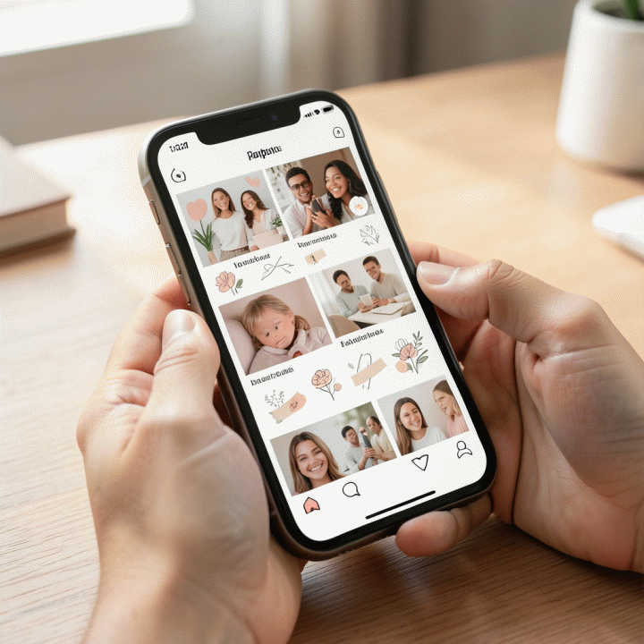 Tangan seseorang memegang smartphone yang menampilkan feed Instagram estetik dengan tema warna dan gaya desain digital yang kohesif, menunjukkan penggunaan stiker dekoratif untuk meningkatkan estetika konten.
