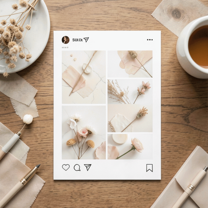 Komposisi flat lay yang menampilkan visualisasi feed Instagram yang estetik dan kohesif, dipenuhi aksen stiker digital dan elemen dekorasi alami, memberikan kesan alur visual yang mulus.