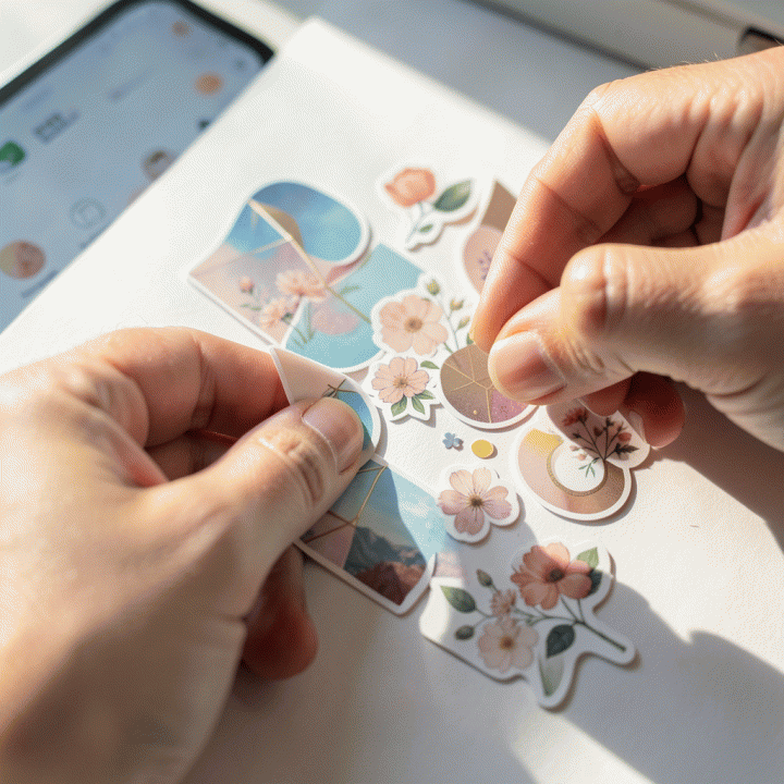 Tangan yang sedang mendekorasi mock-up Instagram Story menggunakan kumpulan stiker digital premium.