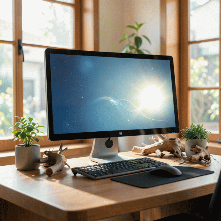 Penataan meja kerja yang ideal sesuai Feng Shui, dengan posisi monitor menghadap arah tertentu untuk optimalisasi energi.