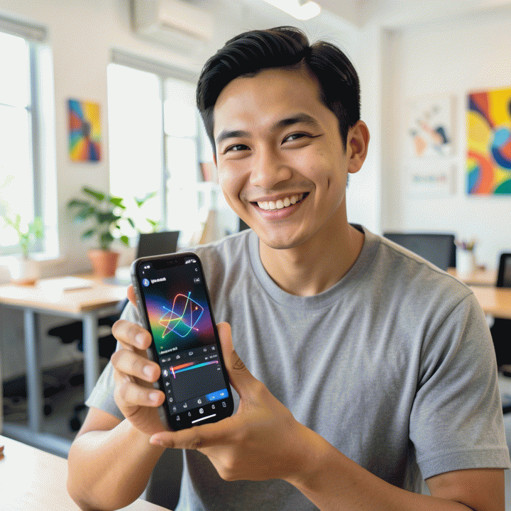 Seorang content creator muda Indonesia yang percaya diri menggunakan smartphone di ruang kerja modern, melambangkan pembuatan konten video yang mudah dan profesional.