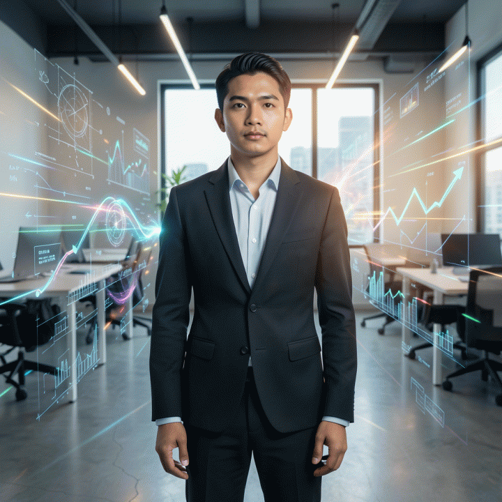 Seorang profesional muda Indonesia berdiri dengan percaya diri di ruang kerja modern, dikelilingi oleh visualisasi data dan cetak biru abstrak yang melambangkan fondasi bisnis yang kuat dan siap menghadapi perubahan pasar.