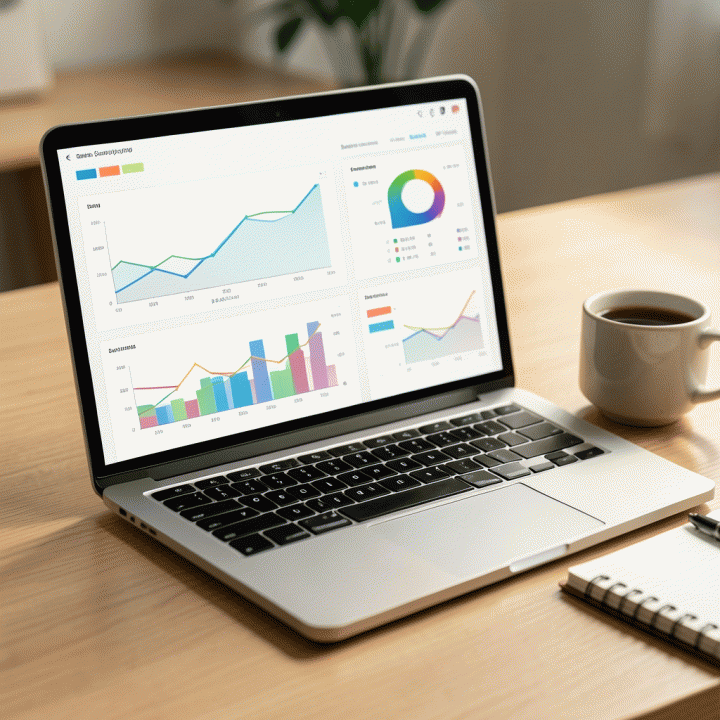 Tampilan close-up laptop yang menampilkan dashboard analitik data abstrak, menunjukkan optimasi dan analisis bisnis yang mendalam di atas meja kerja yang rapi.
