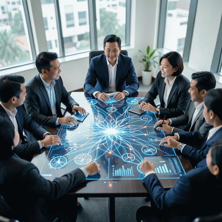 Tim profesional Indonesia berkolaborasi di sekitar meja holografik yang menampilkan data tren dan model bisnis interkoneksi, melambangkan fondasi strategi bisnis yang kuat.