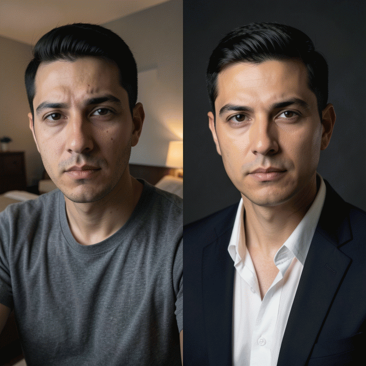 Perbandingan visual antara selfie biasa yang kurang profesional dan foto profil studio yang ditingkatkan menjadi standar korporat menggunakan alat AI.