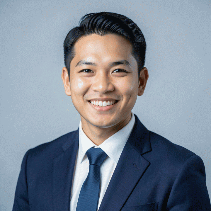 Potret profesional seorang pria/wanita muda Indonesia dengan pakaian bisnis formal di latar belakang polos yang bersih, menyerupai foto CV atau LinkedIn standar korporat.