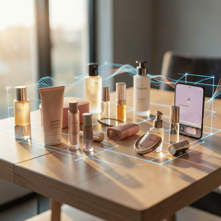 Foto produk e-commerce yang tersusun rapi di atas meja kayu modern, disinari pencahayaan sempurna, menonjolkan kualitas visual yang optimal dan resolusi tinggi.
