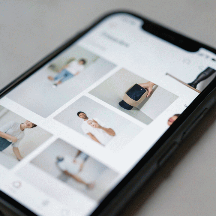 Tampilan close-up layar smartphone yang menampilkan tata letak foto produk e-commerce dengan berbagai orientasi yang terorganisir.