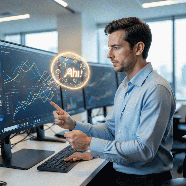 Seorang manajer pemasaran digital profesional menganalisis data kompleks dan grafik di monitor besar, menemukan wawasan strategis yang jelas dan terorganisir.