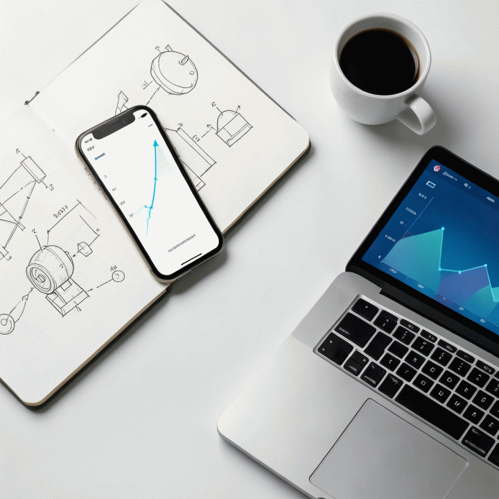 Tampilan atas (flat lay) yang menampilkan perlengkapan pemasaran strategis di atas meja minimalis, melambangkan proses perencanaan copywriting yang terstruktur.