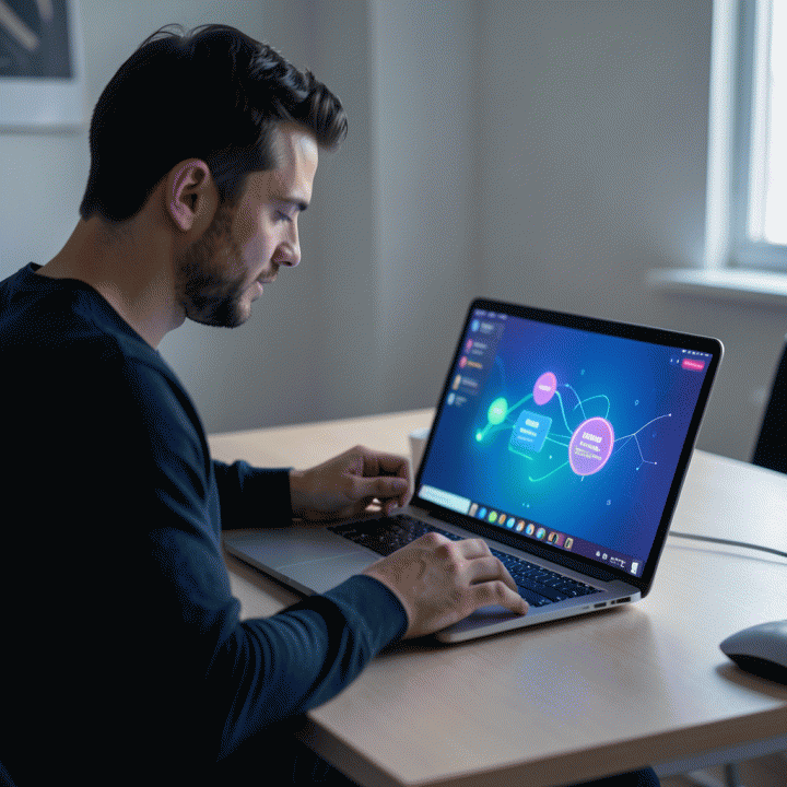 Content creator strategically viewing a digital content formula on a laptop to create viral social media hooks.