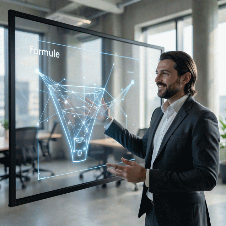 Seorang marketer profesional sedang mempresentasikan formula sales page konversi tinggi di layar digital modern, melambangkan efisiensi dan strategi pemasaran digital.