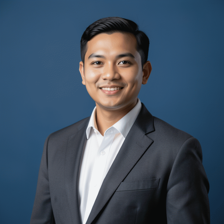 Foto potret profesional seorang profesional muda Indonesia mengenakan setelan jas, berlatar belakang biru solid yang formal, cocok untuk foto CV atau LinkedIn.