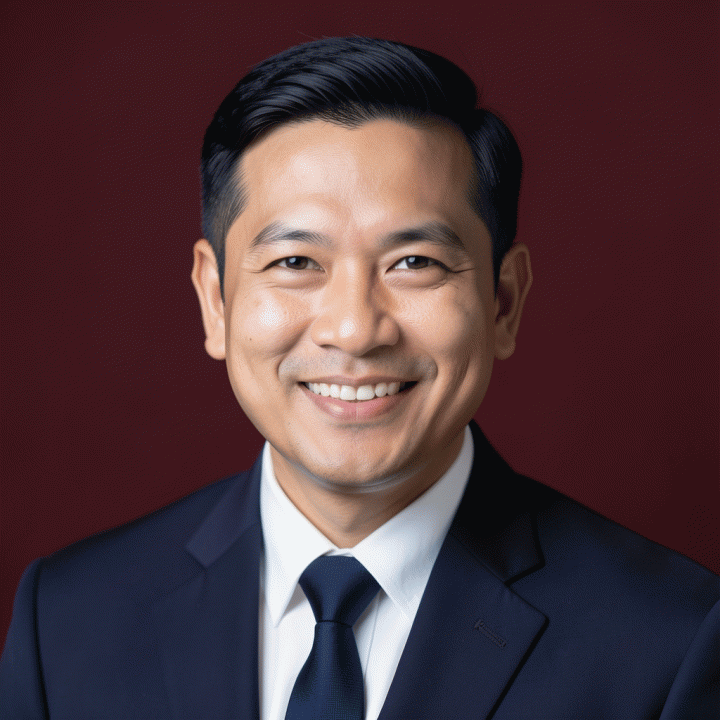 Contoh foto CV profesional dengan latar belakang merah marun, menunjukkan subjek yang percaya diri dan formal.