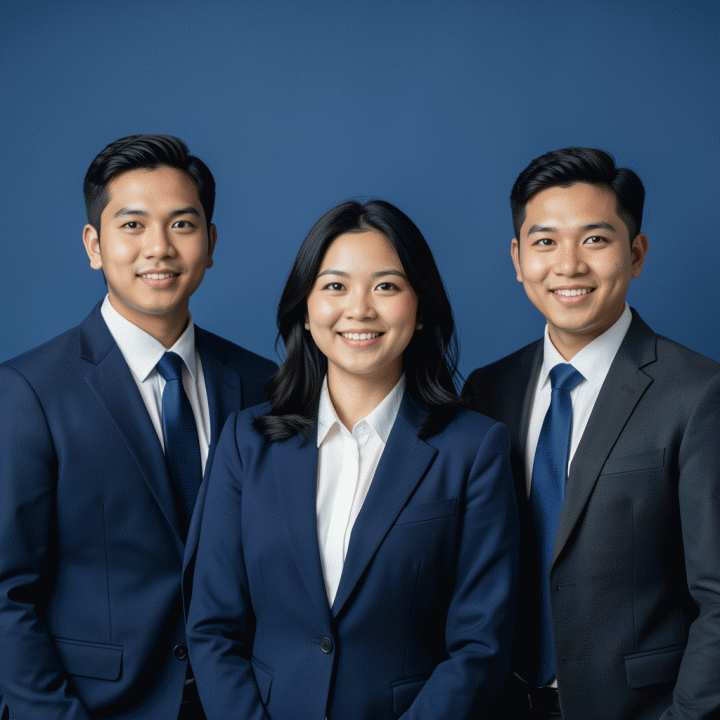 Ilustrasi kelompok profesional Indonesia di lingkungan kerja modern dengan latar belakang biru formal, menunjukkan suasana korporat yang profesional.
