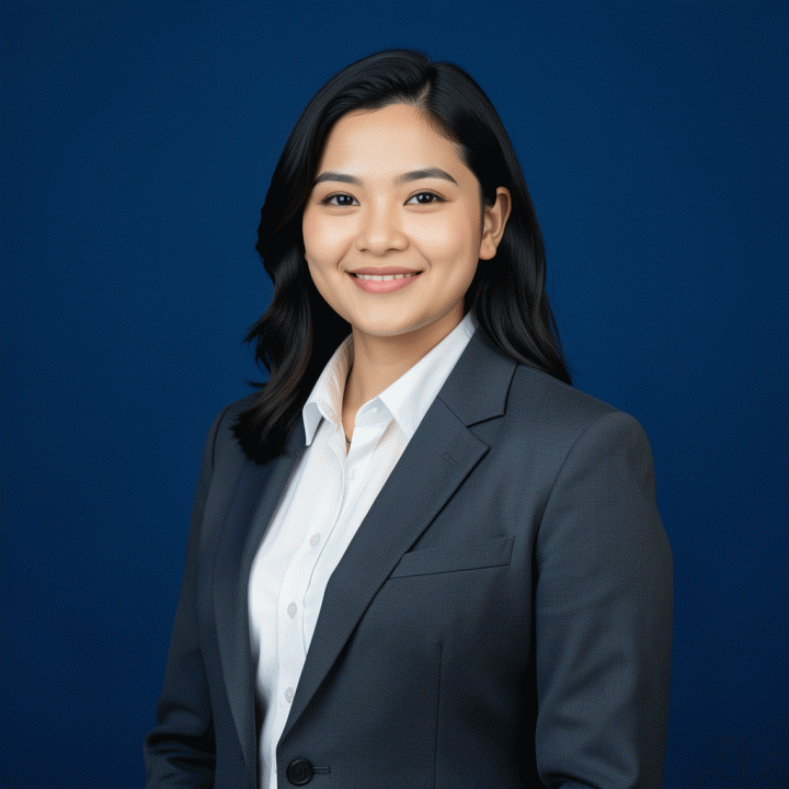 Foto studio profesional seorang profesional muda Indonesia dengan latar belakang biru korporat yang solid, mengenakan pakaian bisnis formal.