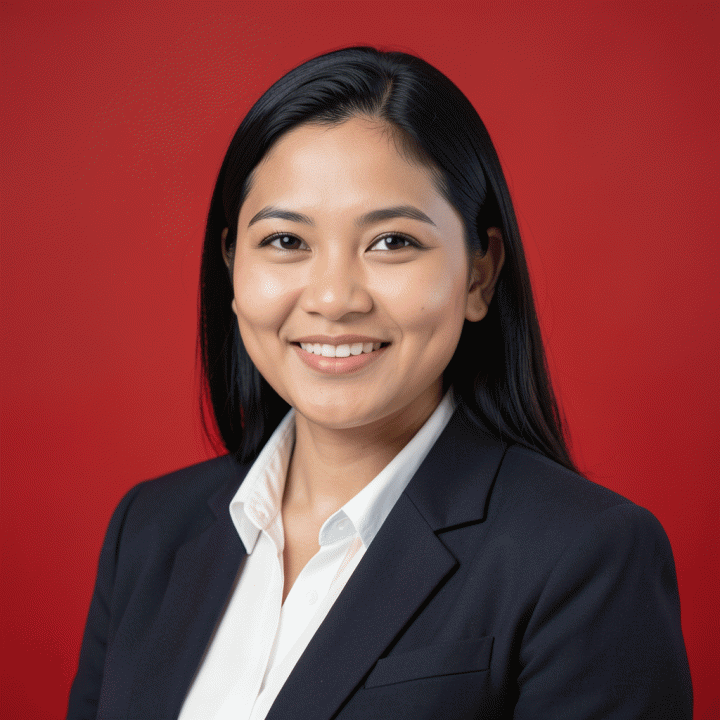 Foto close-up profesional Indonesia dengan latar belakang merah korporat, cocok untuk CV.