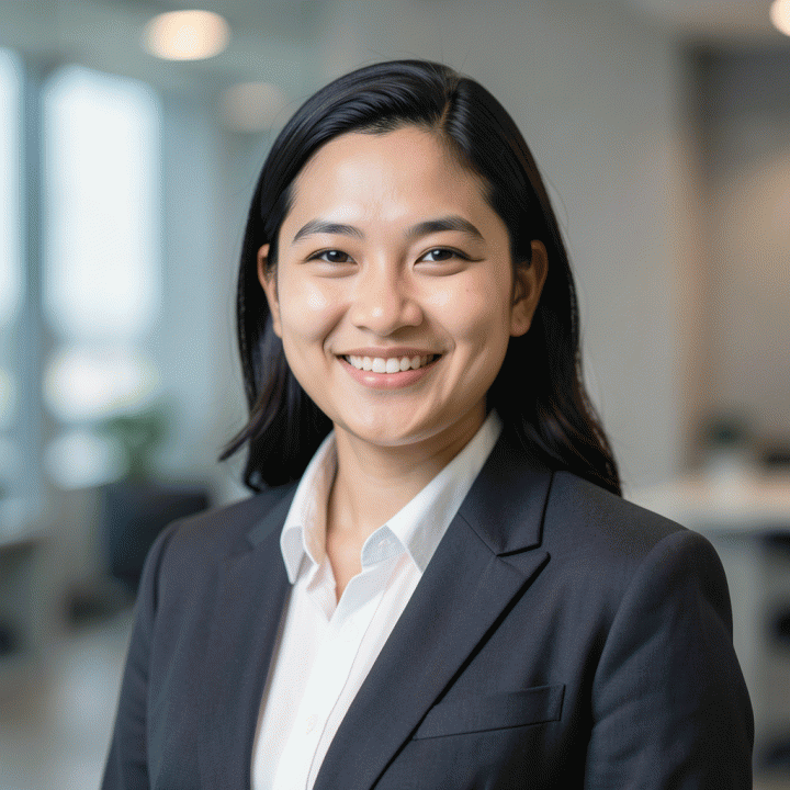 Foto profesional berkualitas tinggi dari seorang pria atau wanita muda Indonesia berbusana bisnis formal dengan latar belakang buram netral, cocok untuk profil CV atau LinkedIn.