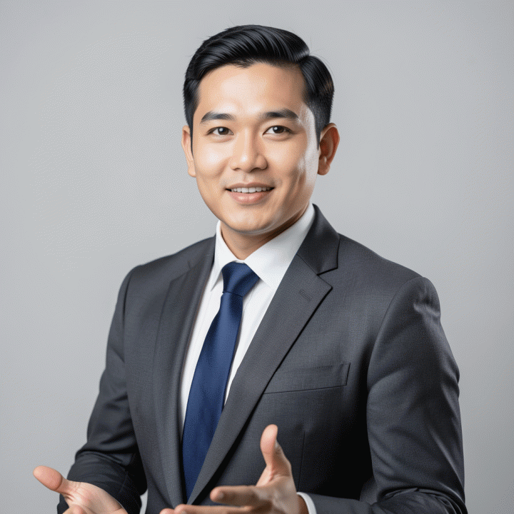 Contoh foto profesional standar untuk CV atau LinkedIn dengan pencahayaan studio dan latar belakang netral.