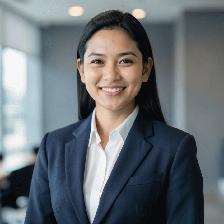 Potret profesional foto profil CV atau LinkedIn dari seorang profesional Indonesia yang percaya diri, mengenakan pakaian bisnis di latar belakang korporat yang modern dan minimalis.
