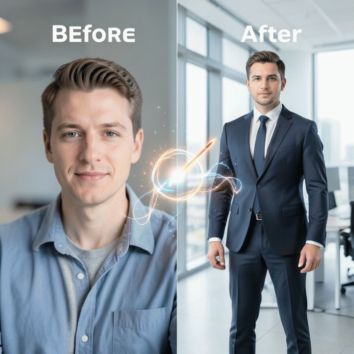 Perbandingan visual antara foto selfie biasa (sebelum) dan foto profil profesional berkualitas tinggi yang dihasilkan oleh teknologi AI (sesudah).
