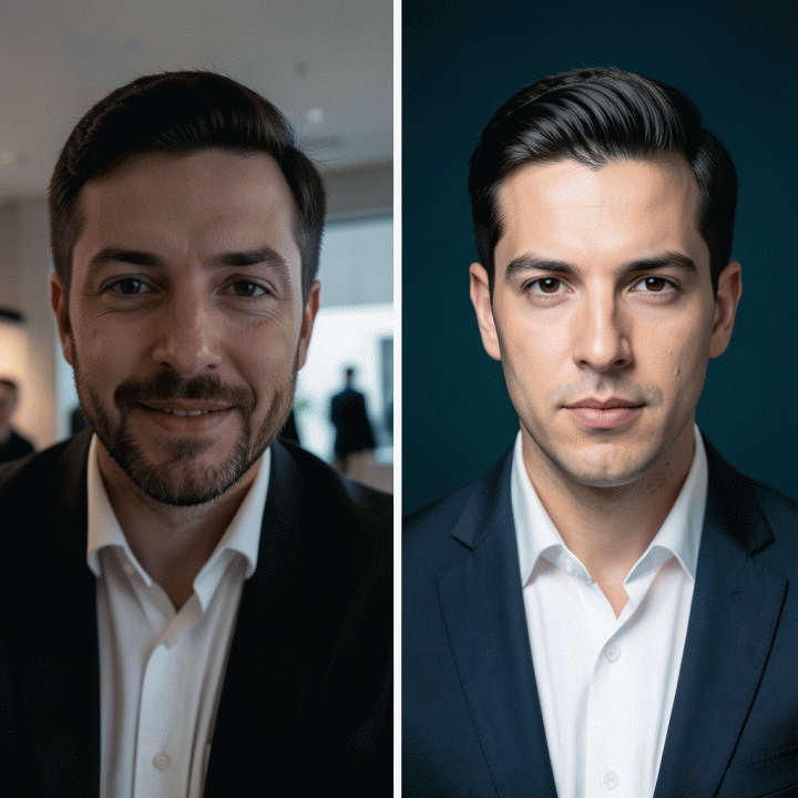 Visual perbandingan (before and after) foto selfie biasa yang diperbaiki menjadi foto profesional menggunakan AI.