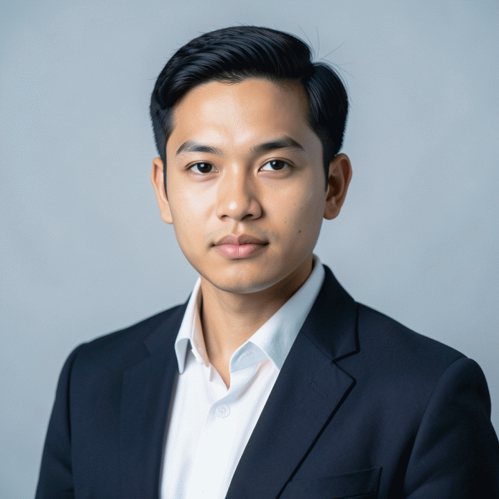 Contoh foto profil profesional headshot di studio dengan latar belakang solid warna abu-abu muda.