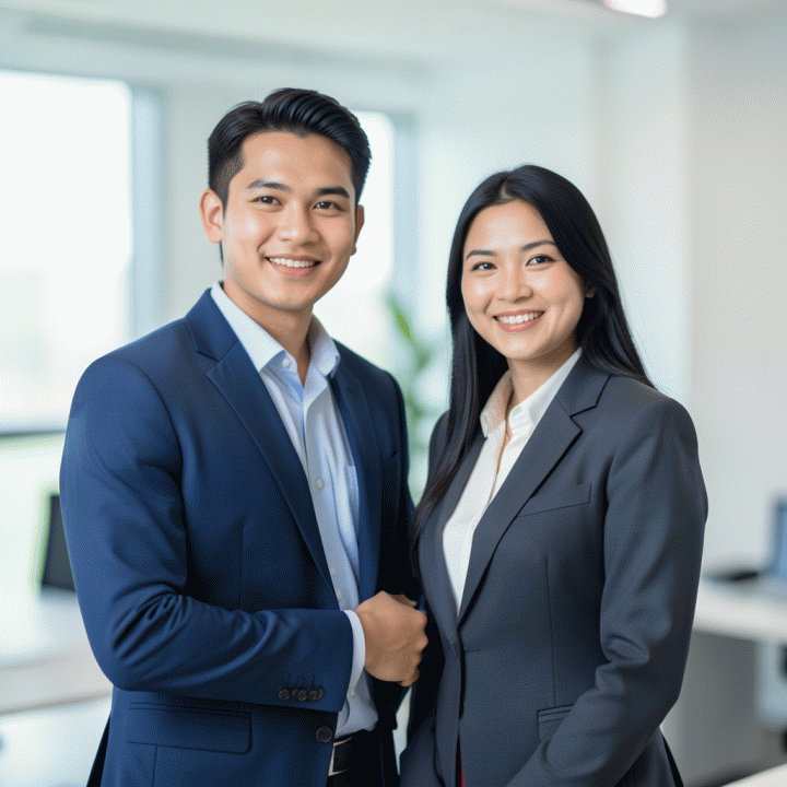 Foto profil profesional yang menampilkan berbagai profesional muda Indonesia dalam suasana kantor modern yang minimalis, cocok untuk CV dan LinkedIn.