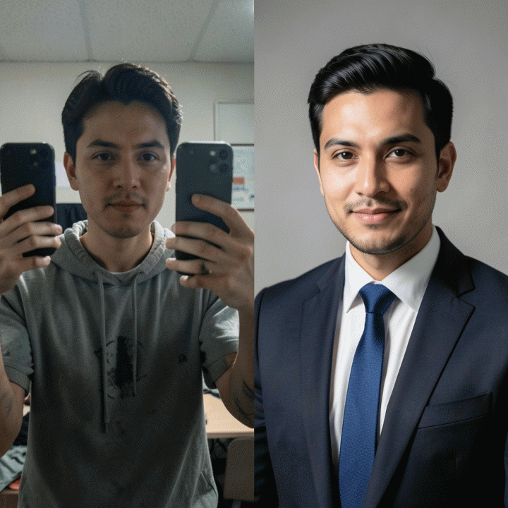 Perbandingan foto profil &lsquo;sebelum&rsquo; (selfie biasa) dan &lsquo;sesudah&rsquo; (foto profesional AI) secara berdampingan.