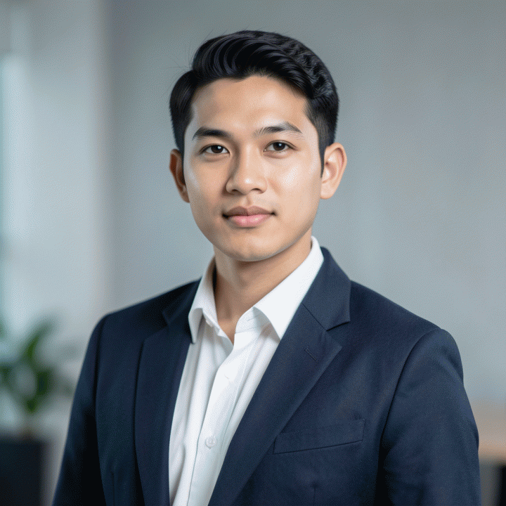 Foto profil profesional sinematik dari seorang profesional Indonesia muda yang mengenakan pakaian korporat, menatap kamera dengan percaya diri di latar belakang studio yang bersih.