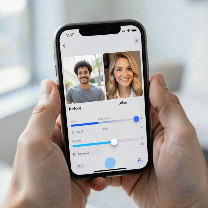 Tampilan antarmuka aplikasi AI foto editor di ponsel yang menunjukkan perbandingan foto selfie kasual menjadi foto profesional, menekankan kemudahan penggunaan.