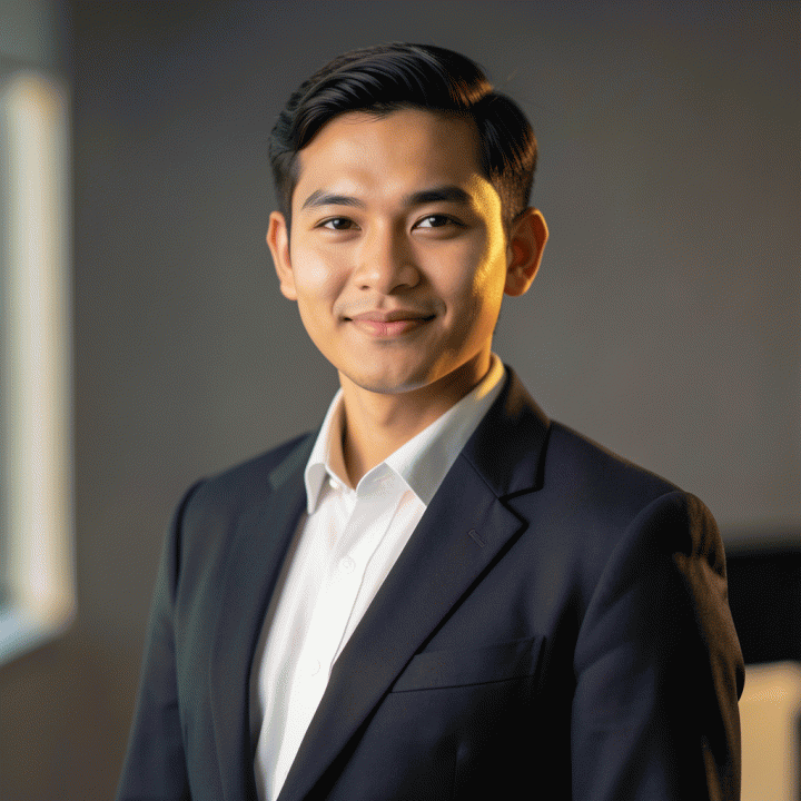 Foto profil profesional seorang profesional muda Indonesia dalam balutan setelan bisnis yang rapi, berpose percaya diri dengan latar belakang kantor yang blur.