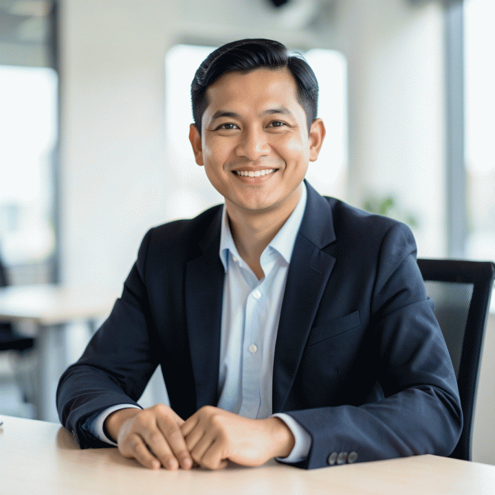Foto profil profesional AI dari seorang profesional Indonesia yang percaya diri di kantor modern.