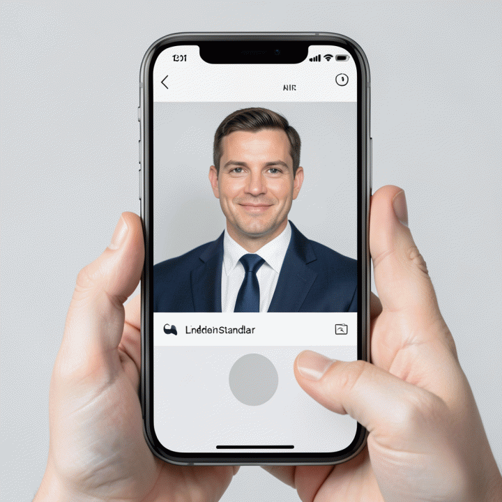 Penggunaan aplikasi AI di ponsel untuk mengubah foto profil menjadi standar profesional.