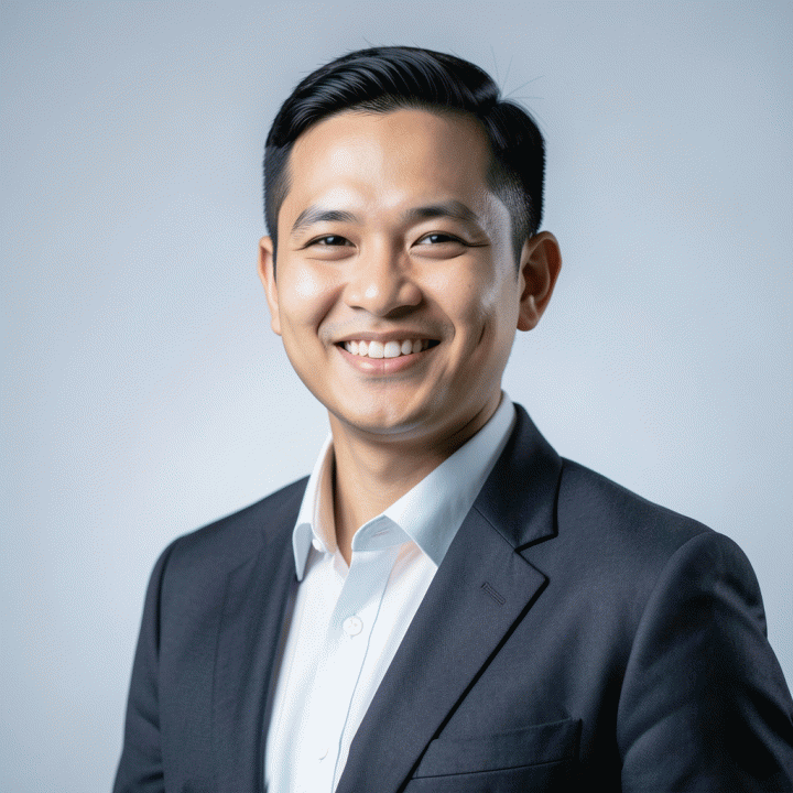 Foto profil profesional seorang profesional Indonesia yang percaya diri dan berpakaian rapi, cocok untuk CV atau LinkedIn.